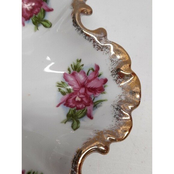 Vintage Rose Floral Vanity Candy Nut Trinket Dish Ruffled Gold Trim - Picture 2 of 8